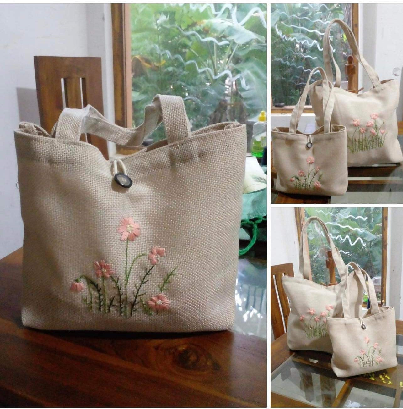 Tote Bag Embroidery Floral Hand-made Special Women Shopping Bag. Small x1, Largex1